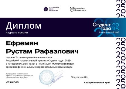 Подведены итоги Российской национальной премии «Студент года»: диплом лауреата получил студент Ставропольского института кооперации